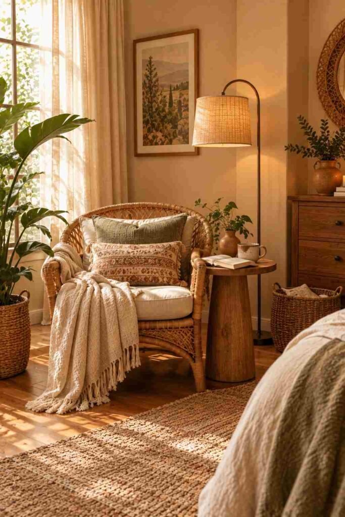 Cozy boho bedroom reading corner with woven chair, wood table, and warm lighting