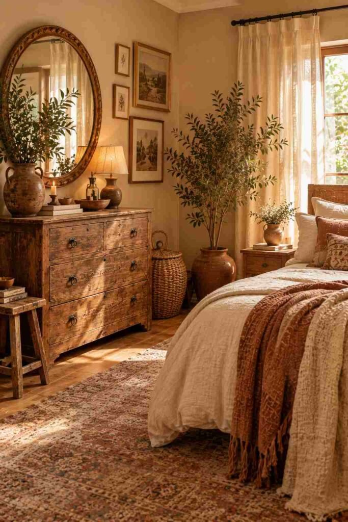 Boho bedroom with vintage-inspired wooden furniture and collected decor