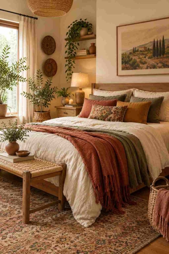Boho bedroom with terracotta, olive, mustard, and earthy accent colors