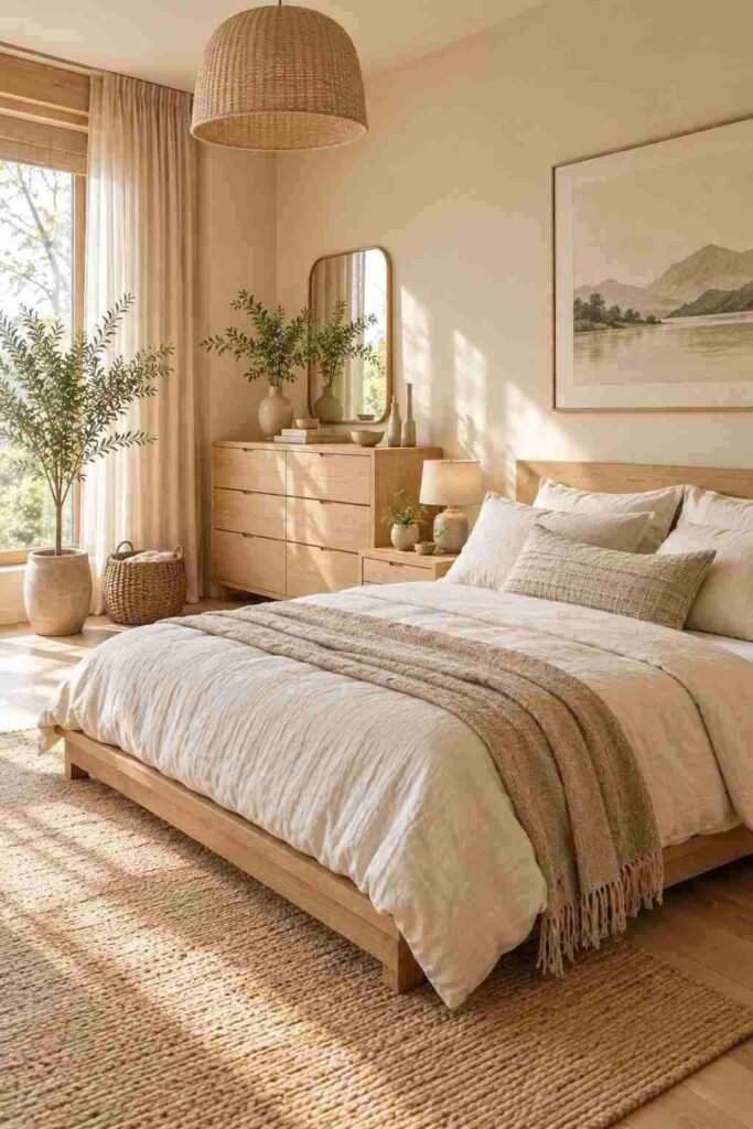 Simple Japandi bedroom with low wooden bed and relaxed linen bedding

