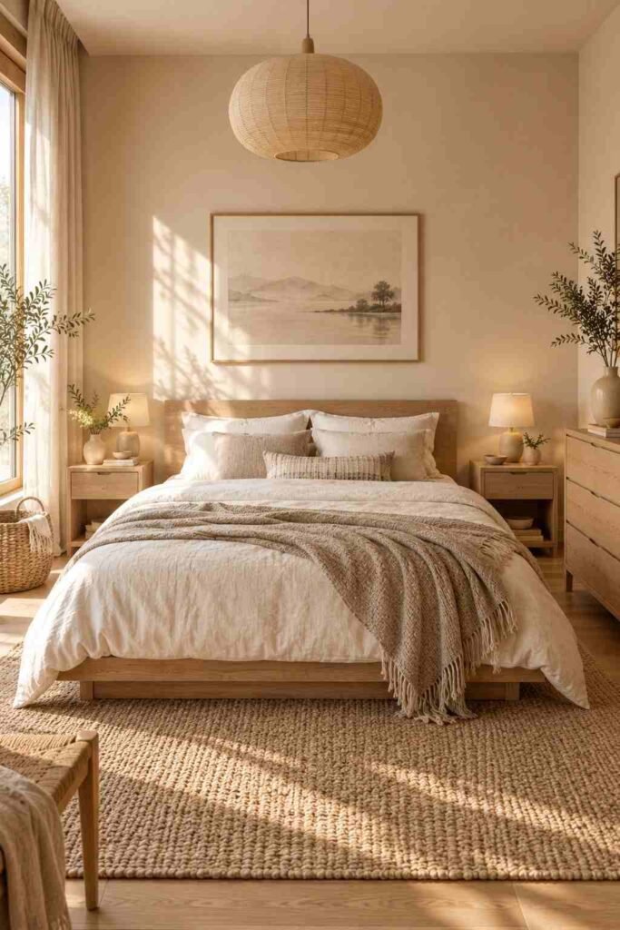 Simple Japandi bedroom with low wooden bed and relaxed linen bedding
