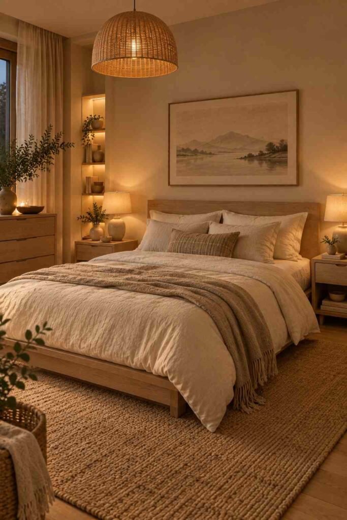 Simple Japandi bedroom with low wooden bed and relaxed linen bedding
