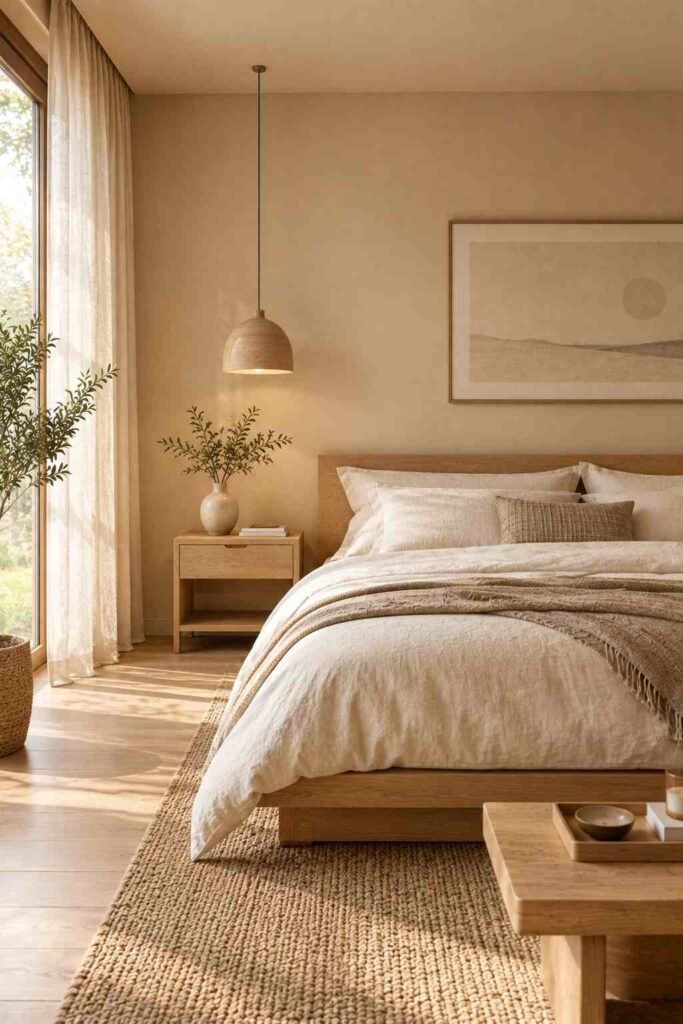 Japandi bedroom with linen bedding, woven baskets, wool rug, and natural textures
