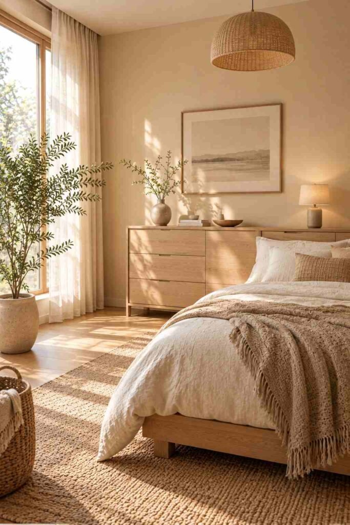 Minimal Japandi bedroom with simple ceramic decor and uncluttered surfaces
