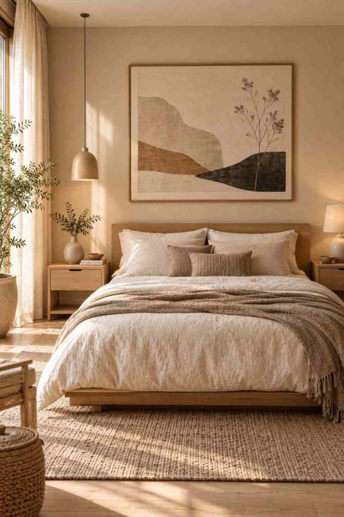 Cozy Japandi bedroom reading corner with wooden chair and warm floor lamp
