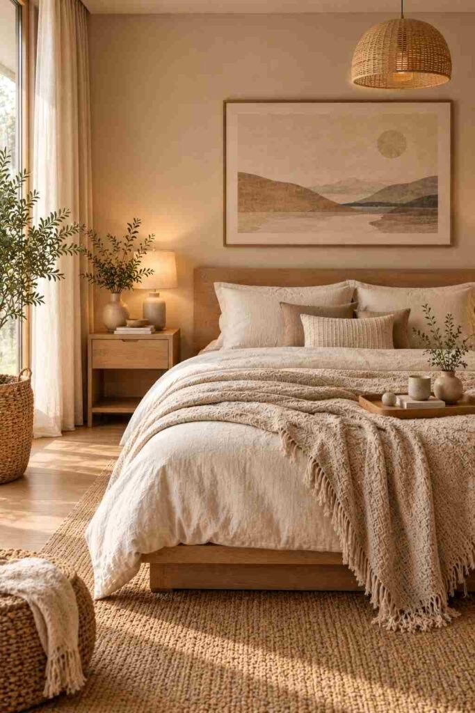 Japandi bedroom with minimalist neutral wall art and natural wood frame
