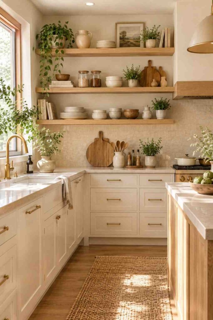 Natural wood open kitchen shelves styled with cream ceramics, glass jars, wooden boards, and greenery.