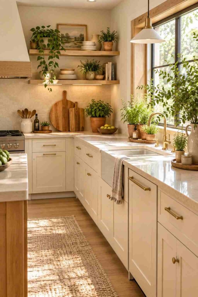Serene cream kitchen decorated with fresh herbs, leafy plants, ceramic pots, and natural wood accents.