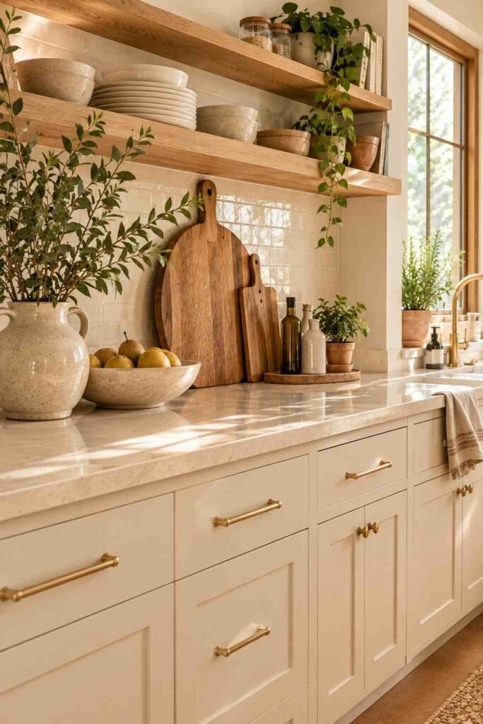Styled kitchen countertop with a wooden cutting board, ceramic vase, greenery, fruit bowl, and neutral decor.