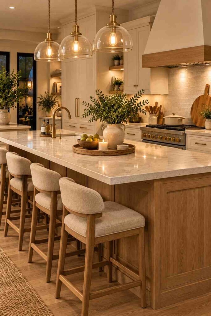 Elegant kitchen island with three warm pendant lights, cream countertops, oak cabinetry, and brass details.