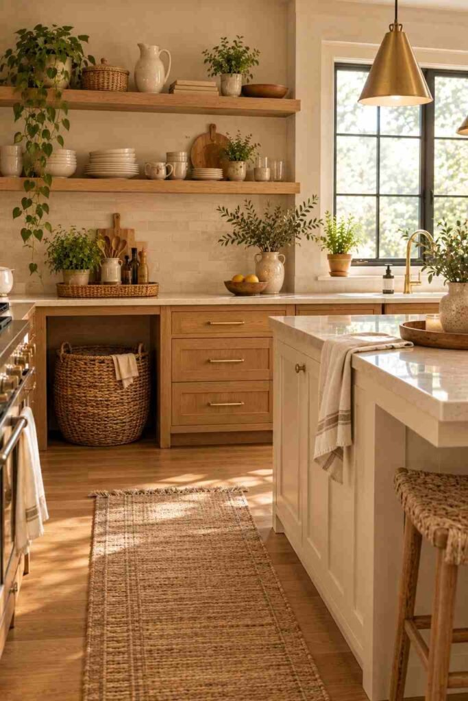 Warm kitchen featuring natural rattan and seagrass baskets with oak cabinetry and neutral accessories.