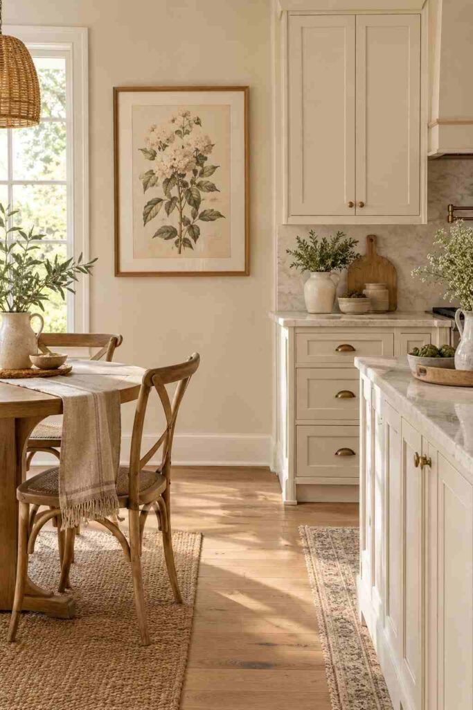Cream kitchen with framed botanical artwork, natural oak details, ceramics, greenery, and warm neutral decor.