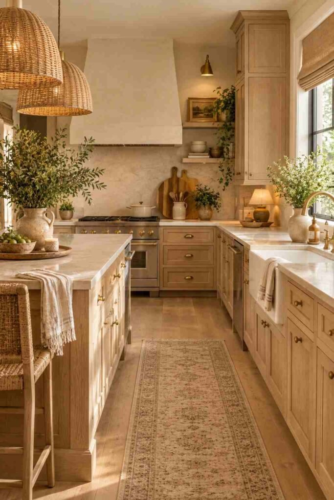 Cozy organic kitchen combining pale oak, creamy stone, woven textures, linen, ceramics, greenery, and warm lighting.