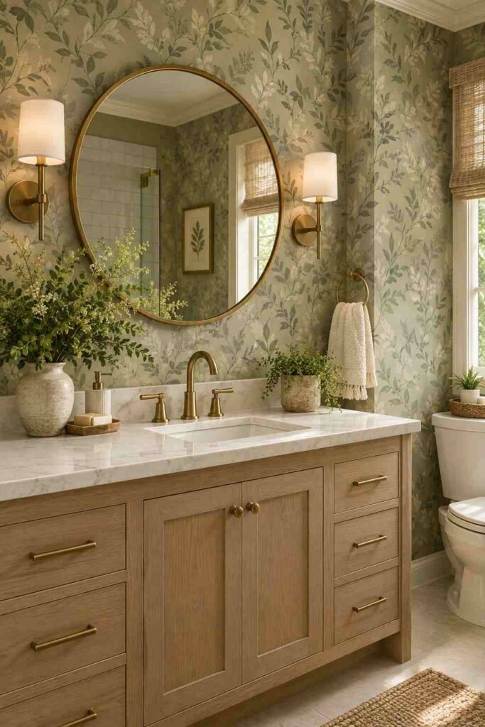 Serene bathroom with sage botanical wallpaper, warm white vanity, brass fixtures, oak cabinetry, and greenery.