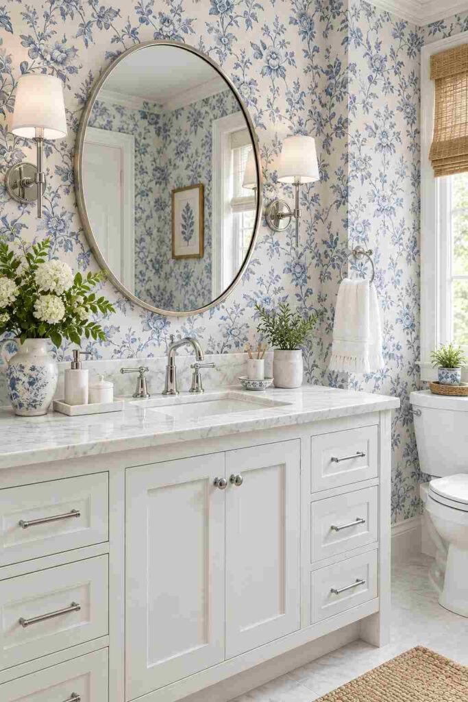 Classic bathroom with blue and white floral wallpaper, white marble vanity, chrome fixtures, and pale wood accents.
