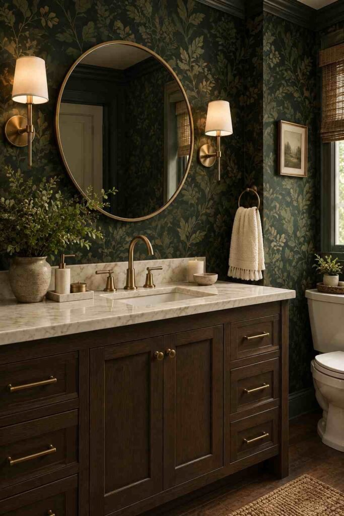 Charming bathroom with delicate blush floral wallpaper, white vanity, antique brass fixtures, and warm natural accents.