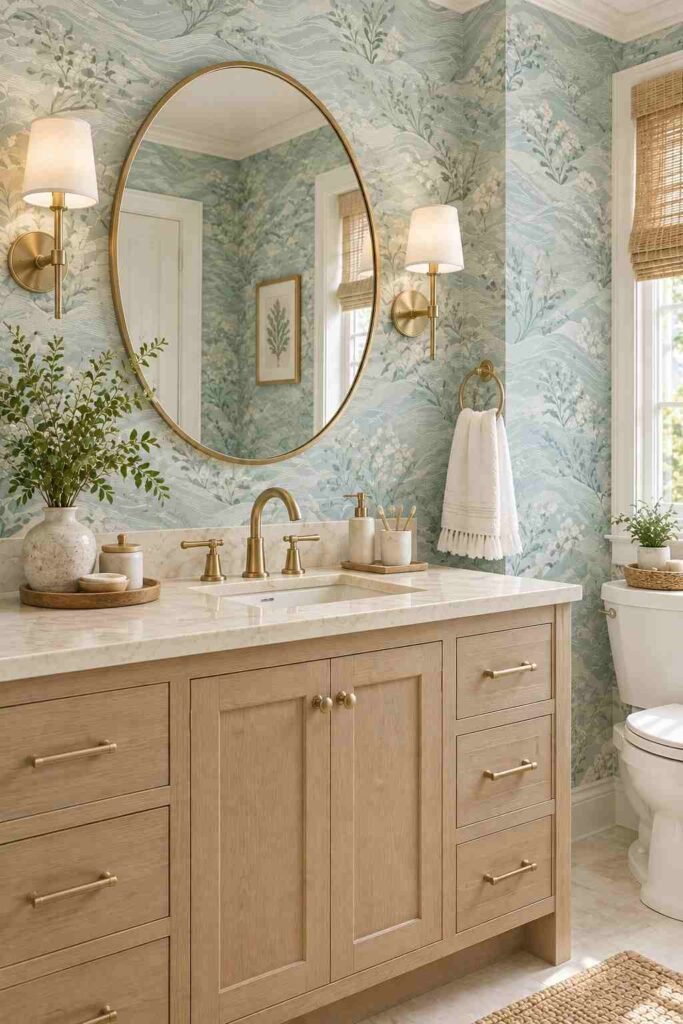 Coastal bathroom with soft blue wallpaper, light oak cabinetry, brass fixtures, woven accents, and white towels.