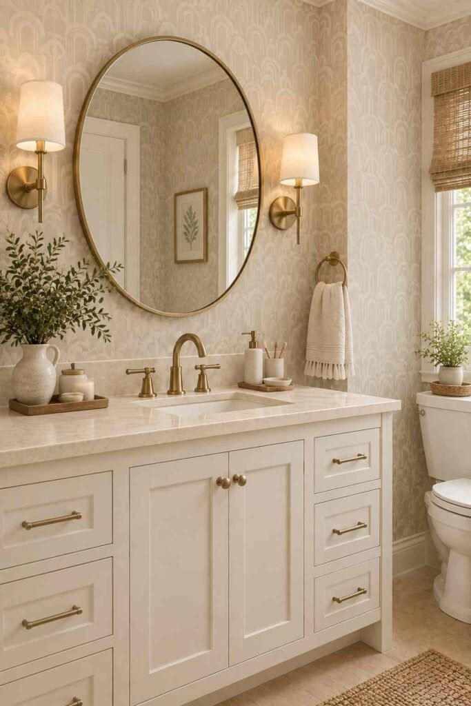 Contemporary bathroom with subtle beige geometric wallpaper, cream vanity, brass fixtures, and rounded mirror.