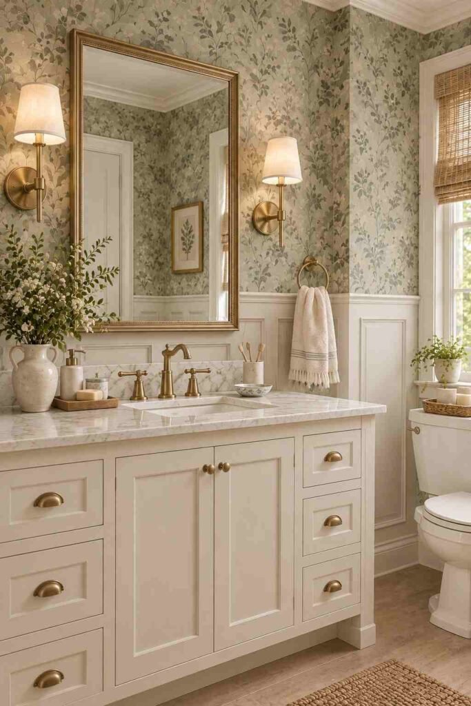 Traditional bathroom with botanical wallpaper above white wainscoting, marble vanity, brass fixtures, and warm lighting.