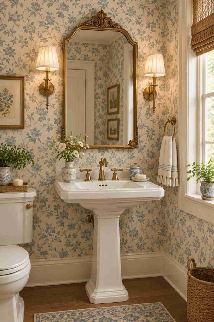Vintage-inspired bathroom with dusty blue floral wallpaper, pedestal sink, antique brass fixtures, and classic mirror.