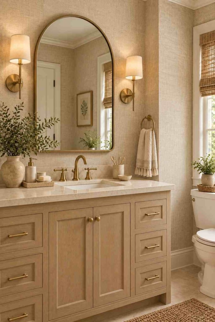 Neutral bathroom with textured ivory wallpaper, cream stone vanity, light oak cabinetry, brass fixtures, and woven accents.