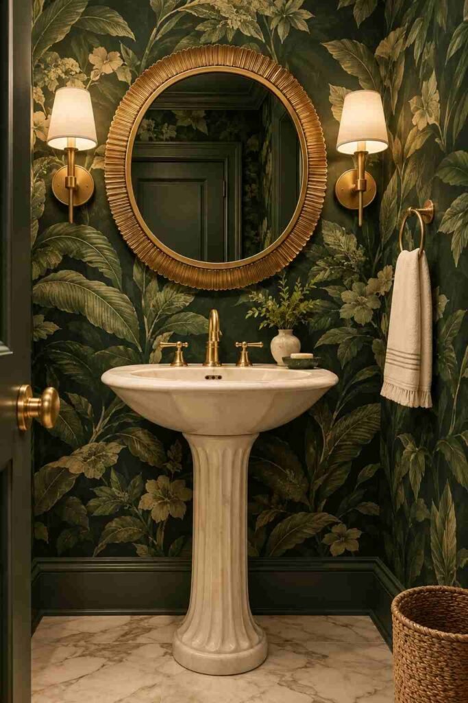 Dramatic powder room with bold emerald botanical wallpaper, brass fixtures, marble flooring, and warm sconces.