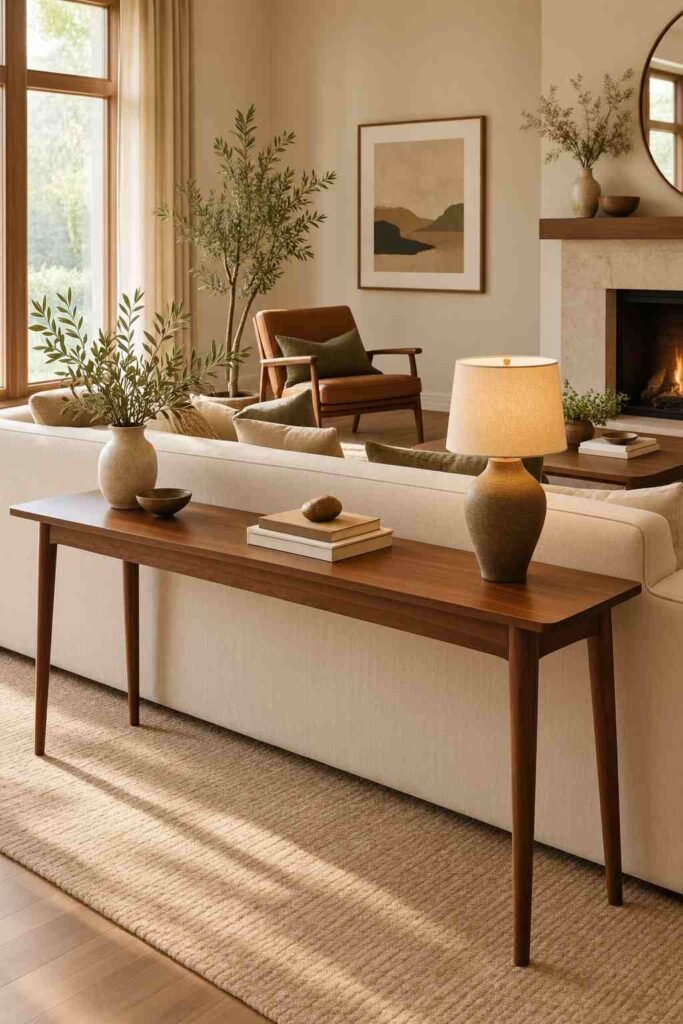 Mid century living room with a walnut sofa table behind a cream sofa and simple ceramic decor.
