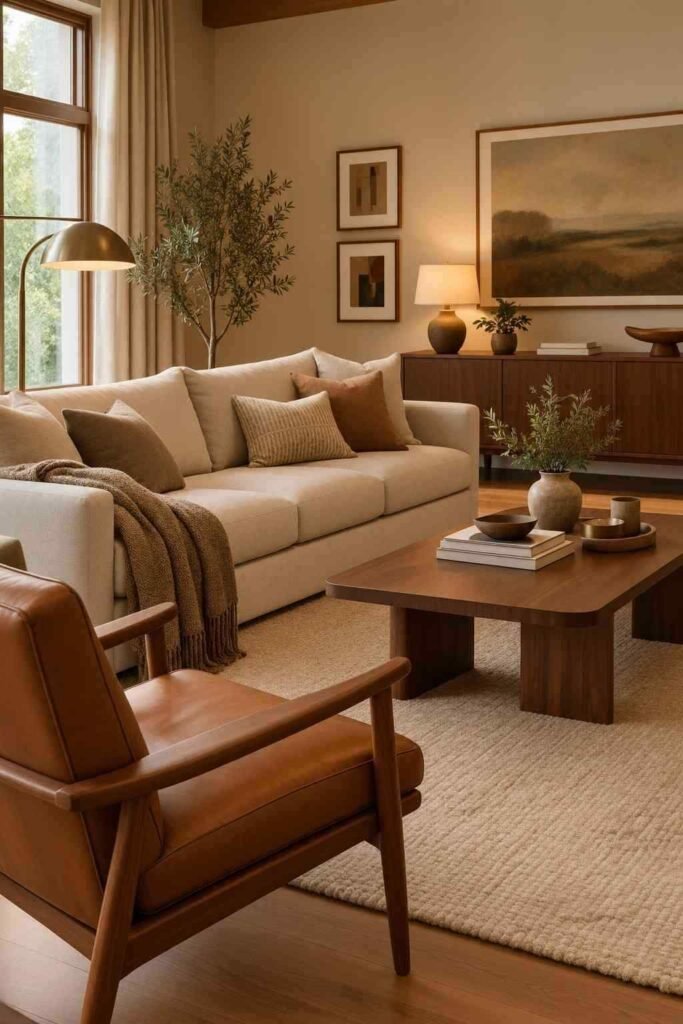 Mid century living room with a sculptural caramel lounge chair, walnut legs, and warm neutral decor.