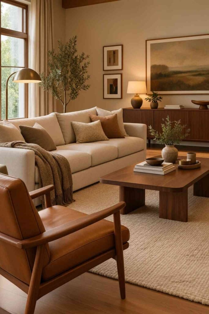 Cozy neutral mid century living room with beige sofa, caramel leather chair, walnut table, and soft textures.