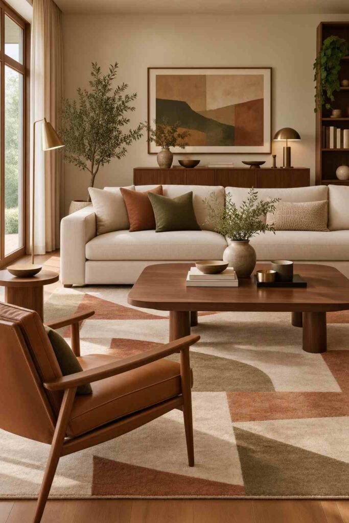 Mid century modern living room with a muted geometric rug, beige sofa, walnut table, and earthy colors.