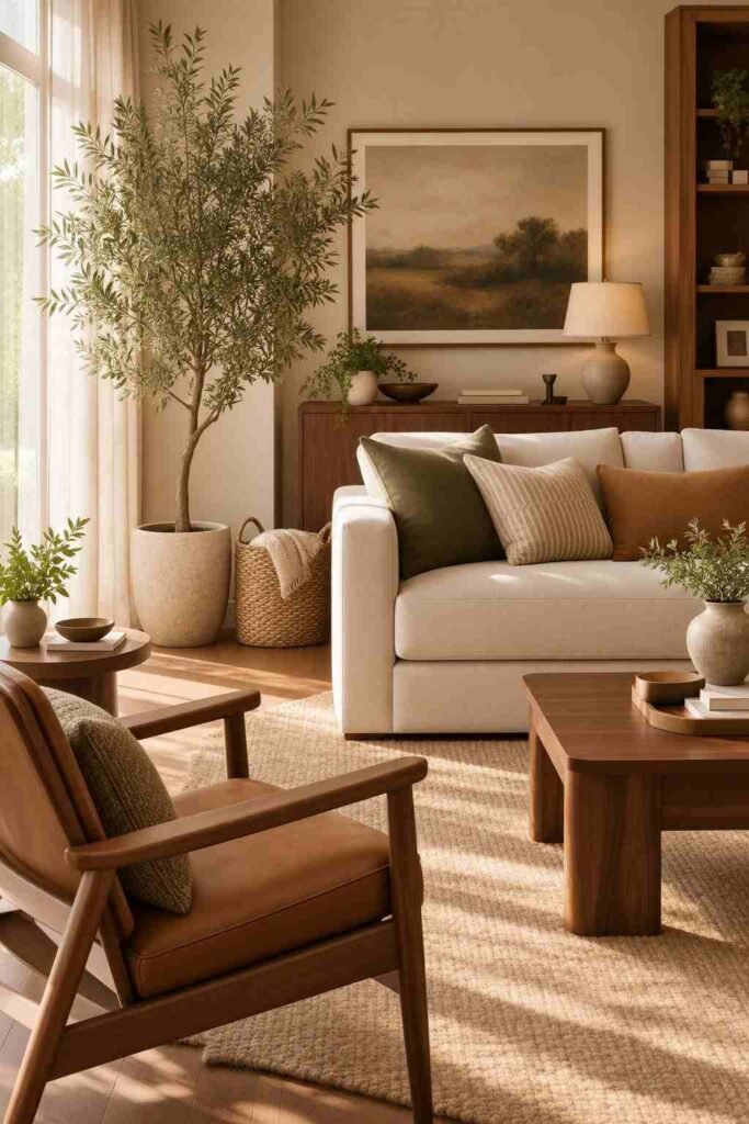 Mid century modern living room with an olive tree, cream sofa, walnut furniture, and natural textures.