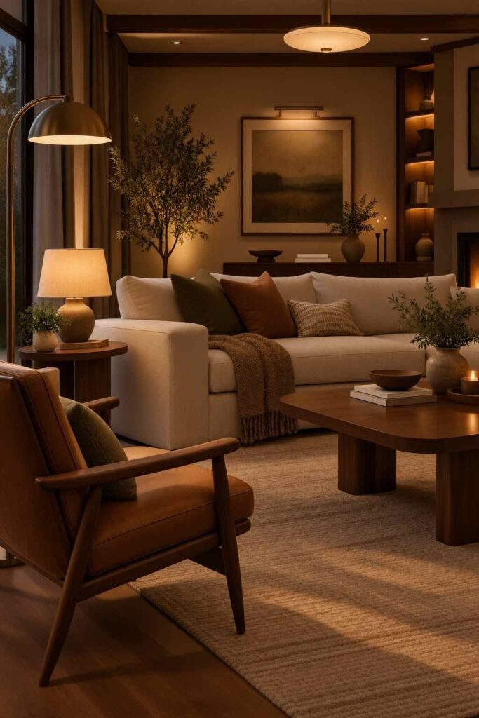 Cozy mid century living room with layered warm lighting, floor lamp, table lamp, and walnut furniture.