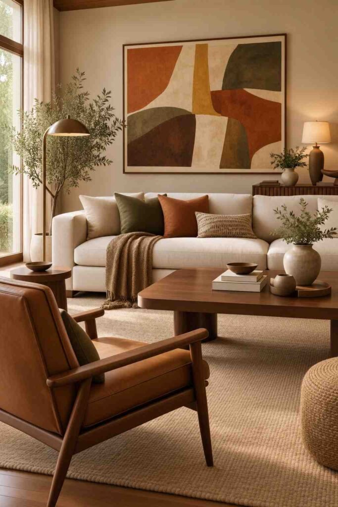 Mid century living room featuring vintage inspired abstract artwork in warm earthy colors above a cream sofa.