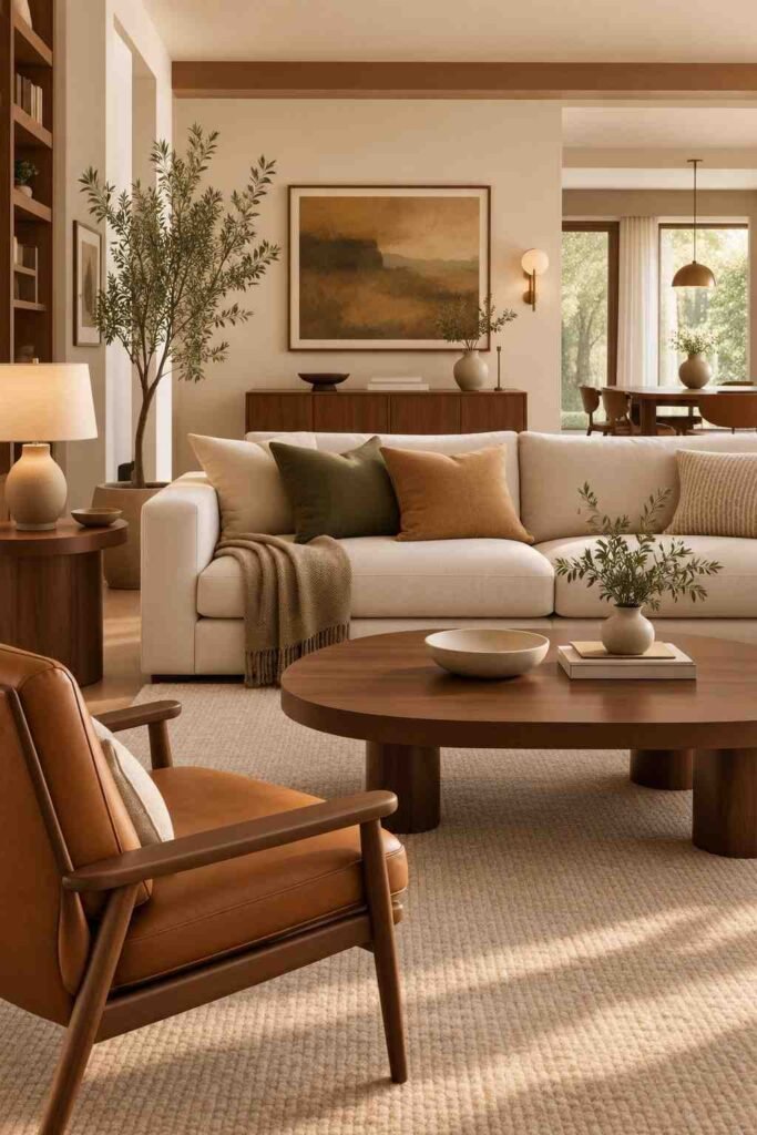 Mid century modern living room with a low rounded walnut coffee table and cream seating.