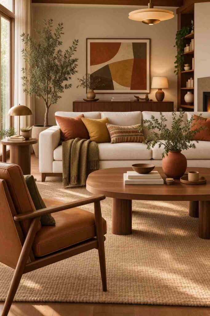Mid century modern living room combining walnut furniture with rust, mustard, olive, and terracotta accents.