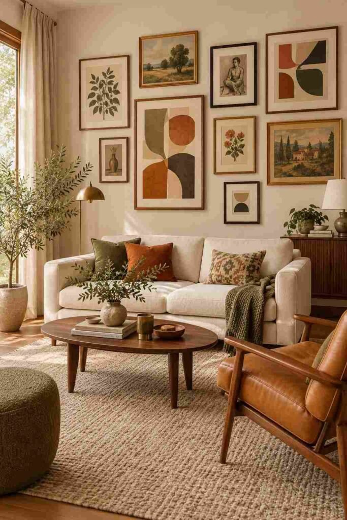 Mid century modern living room with a gallery wall of abstract, botanical, and vintage inspired artwork.