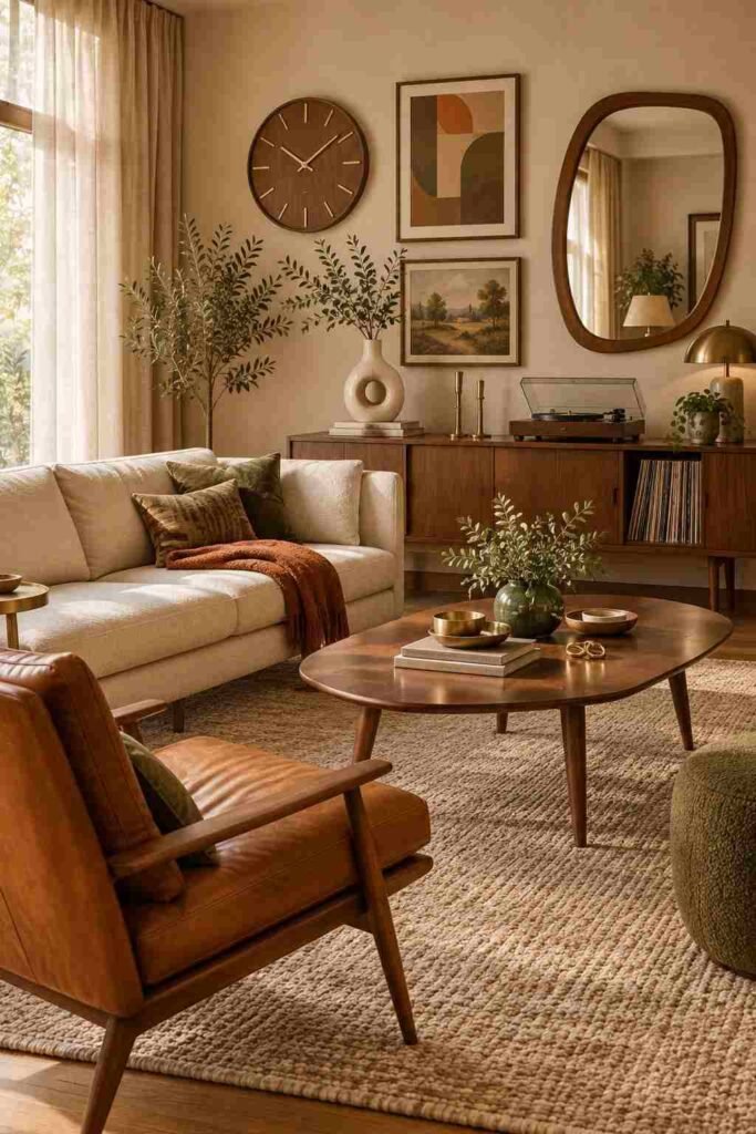 Mid century modern living room with retro accents including a round clock, record player, curved mirror, and brass decor.