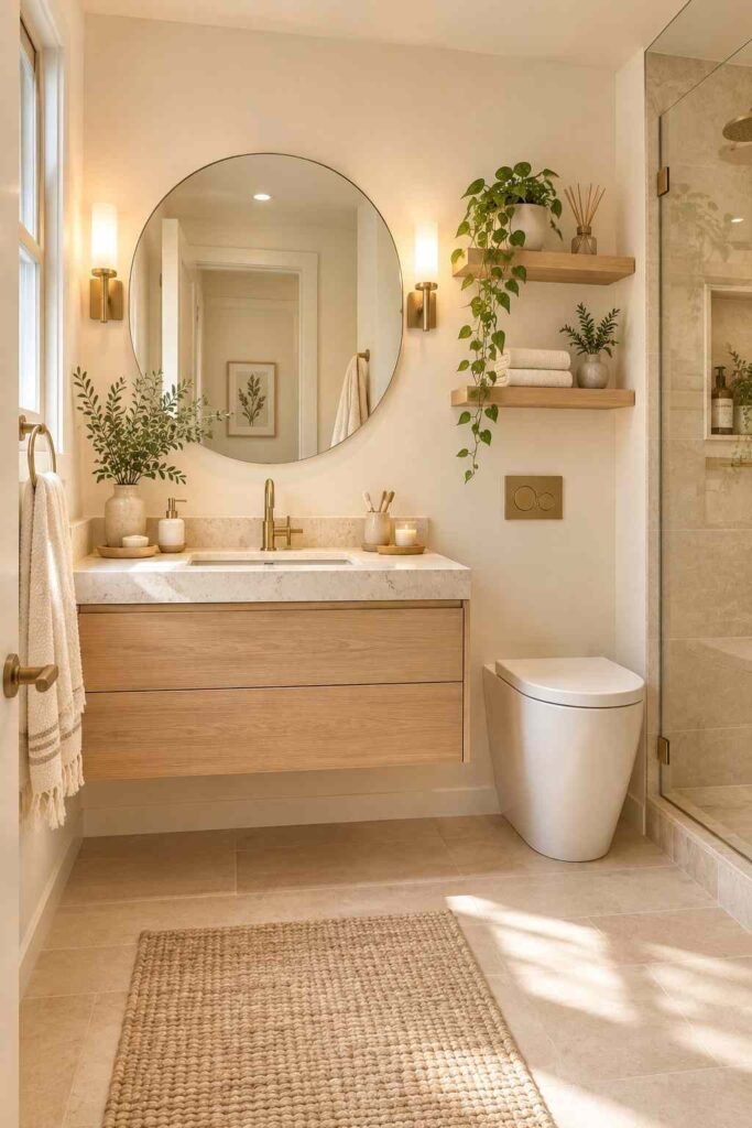 Small bathroom with a floating oak vanity, round mirror, and open floor space.
