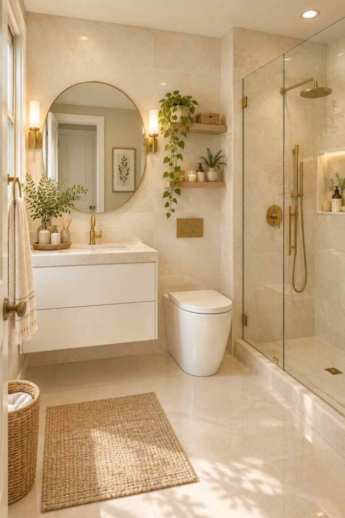 Small bathroom with large light-colored tiles creating a bright and spacious look.
