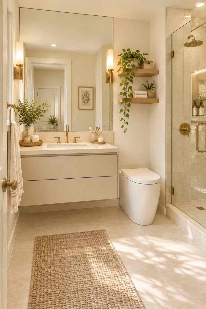 Small bathroom with a large wall mirror reflecting light and creating a spacious feel.
