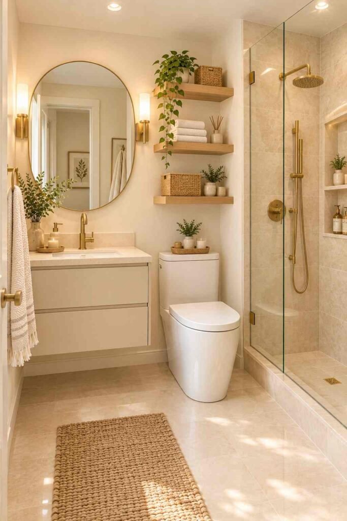 Small bathroom with wall-mounted oak shelves, baskets, towels, and organized storage.