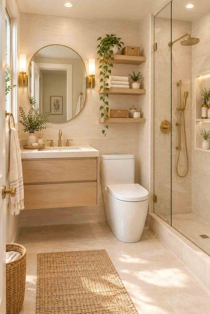Small neutral bathroom with cream, beige, oak, and brass details for a calm atmosphere.
