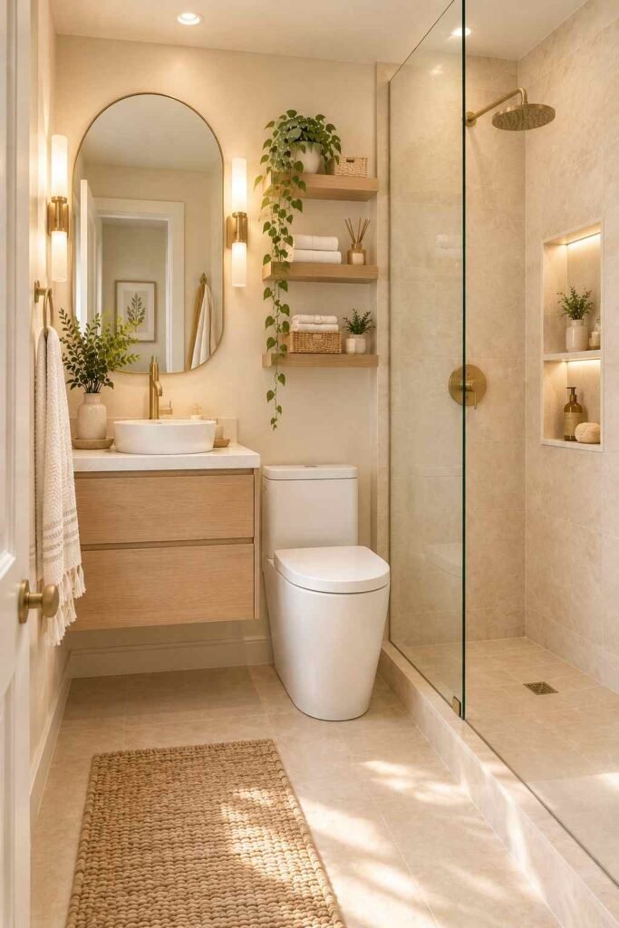 Narrow small bathroom with a slim walk-in shower and clear glass panel.