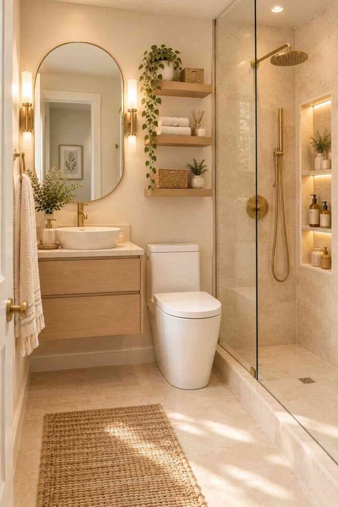 Small bathroom shower with a recessed tiled niche and warm built-in lighting.
