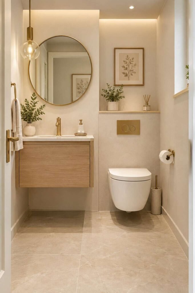 Small modern bathroom with a wall-mounted toilet and open floor beneath it.
