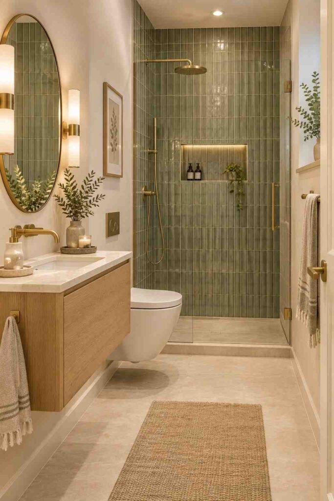 Small bathroom with vertical sage green tiles that visually enhance the room's height.
