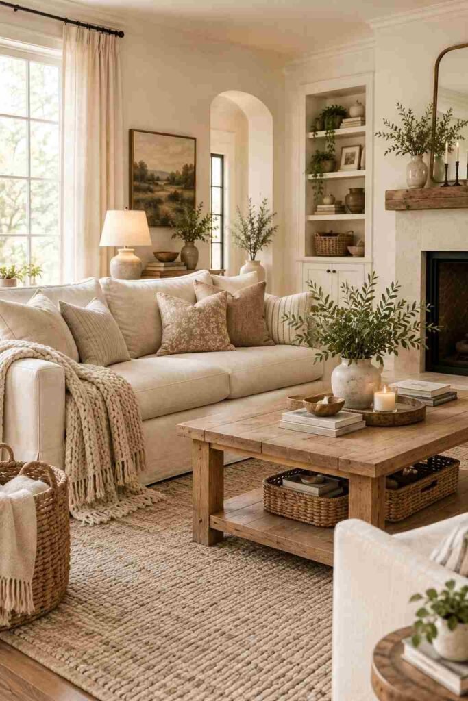 Cream sofa styled with neutral cushions and a chunky throw in a cozy modern farmhouse living room.