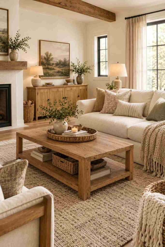 Modern farmhouse living room with warm oak furniture, cream upholstery, woven decor, and natural wood textures.