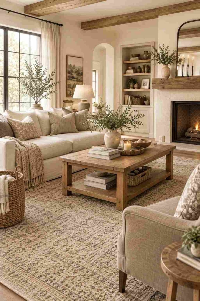 Neutral textured farmhouse rug layered beneath a cream sofa and natural wood coffee table.