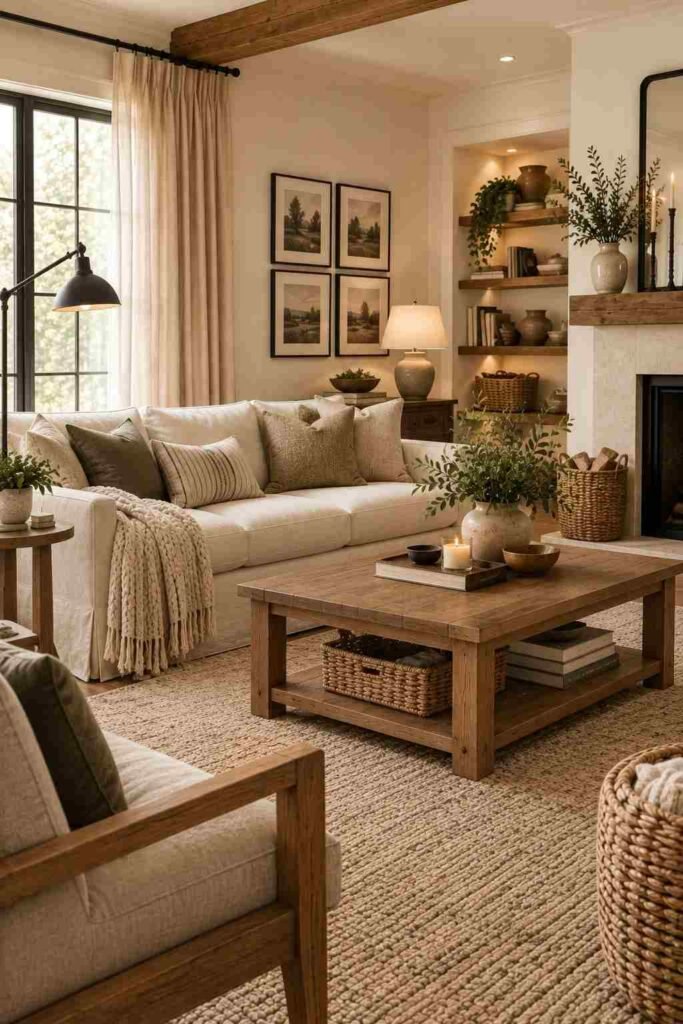 Modern farmhouse living room combining warm wood furniture with black metal accents and cream textiles.